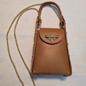 Italian Leather NEW Camel Brown Bee Bag w Crossbody Gold Chain or Top Handle